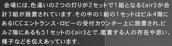 
会場には，色違いの2つの灯りが2セットで1 組となる《air》が合
計 3 組が設置されています．その中の1 組の1セットはビル4階に
あるICCエントランス·ロビーの受付カウンター上に設置され, ビ
ル2 階にあるもう1セットの《air》とで，鑑賞する人の存在や思い，
様子などを伝えあっています．